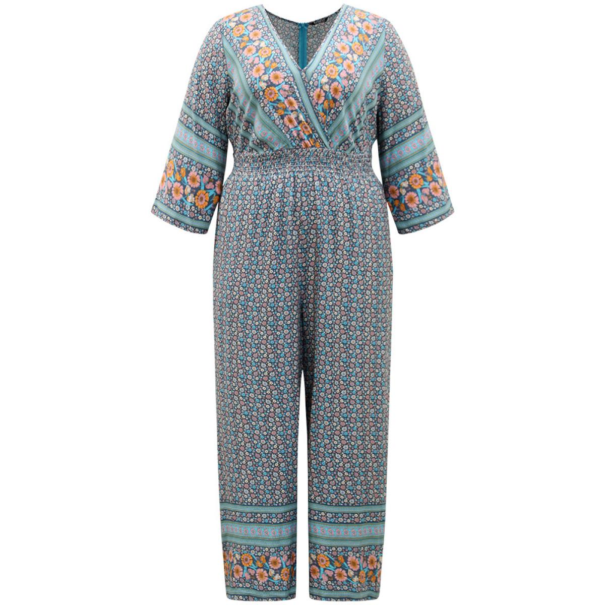 Plus Size Blue Floral Print Shirred Overlap Collar Jumpsuit Women Resort Elbow-length sleeve V-neck Vacation Loose Jumpsuits BloomChic 22-24/3X Product Image