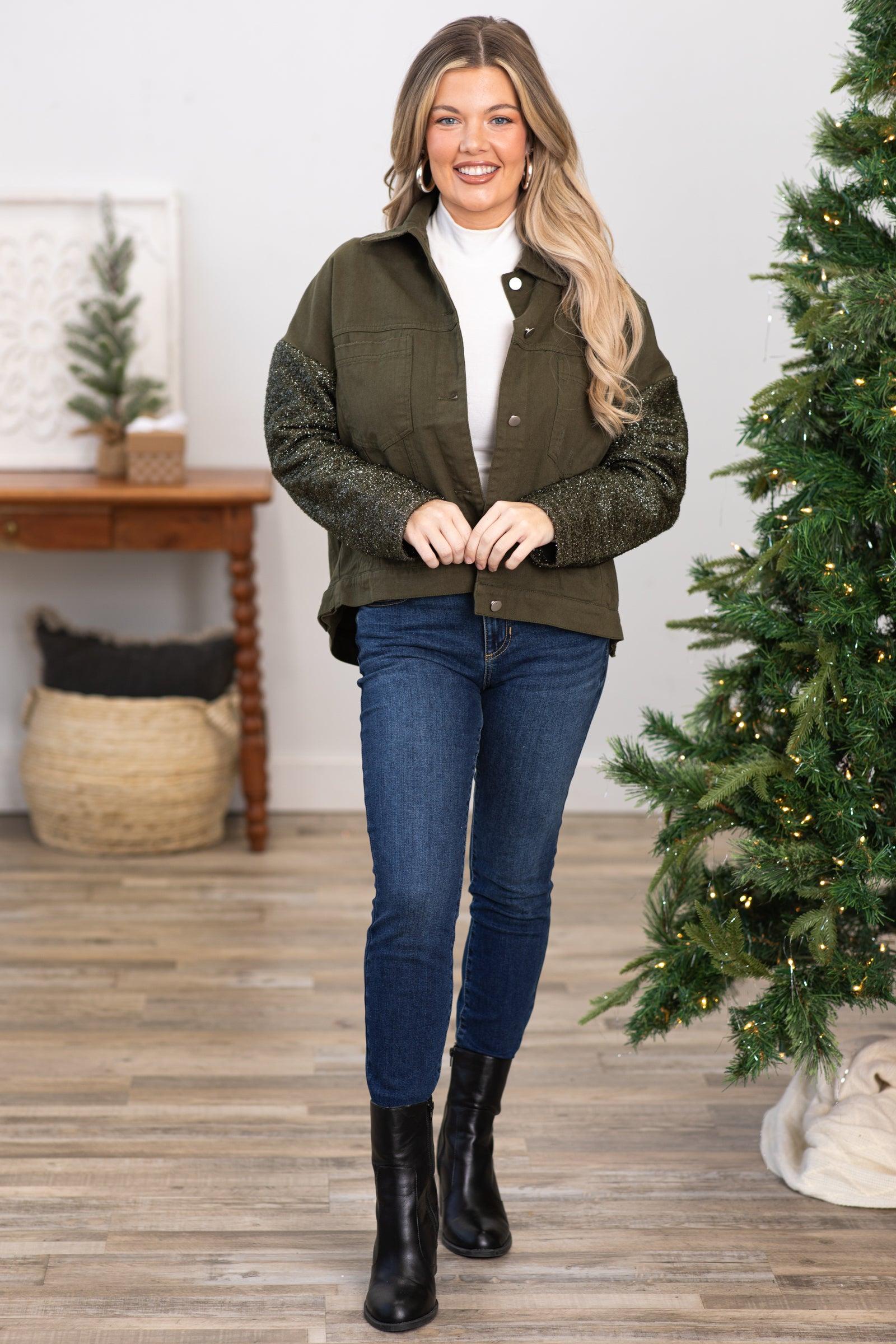 Olive Jacket With Lurex Sleeves Product Image