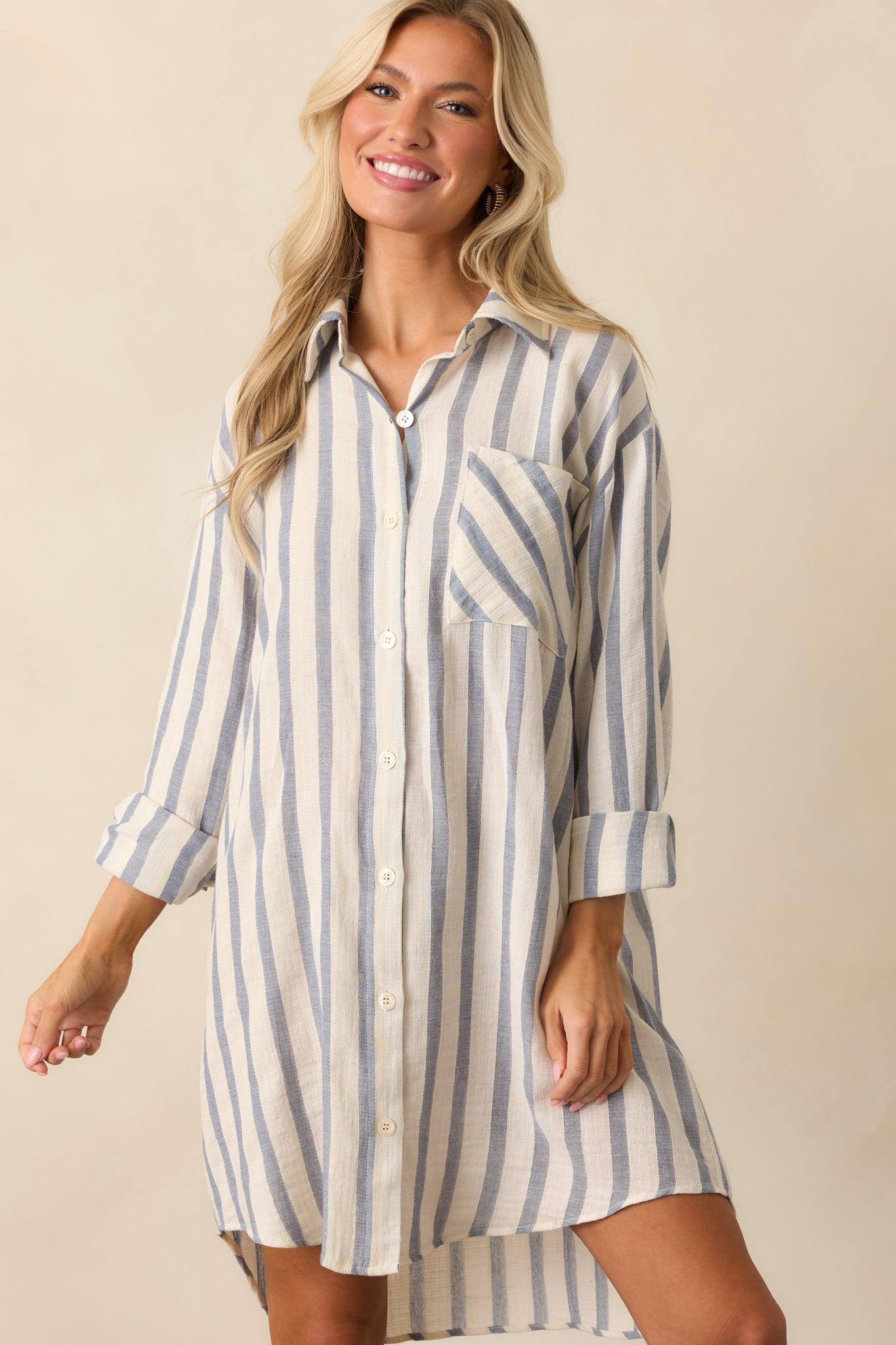 Better Than Expected Blue Stripe Cotton Mini Shirt Dress Product Image