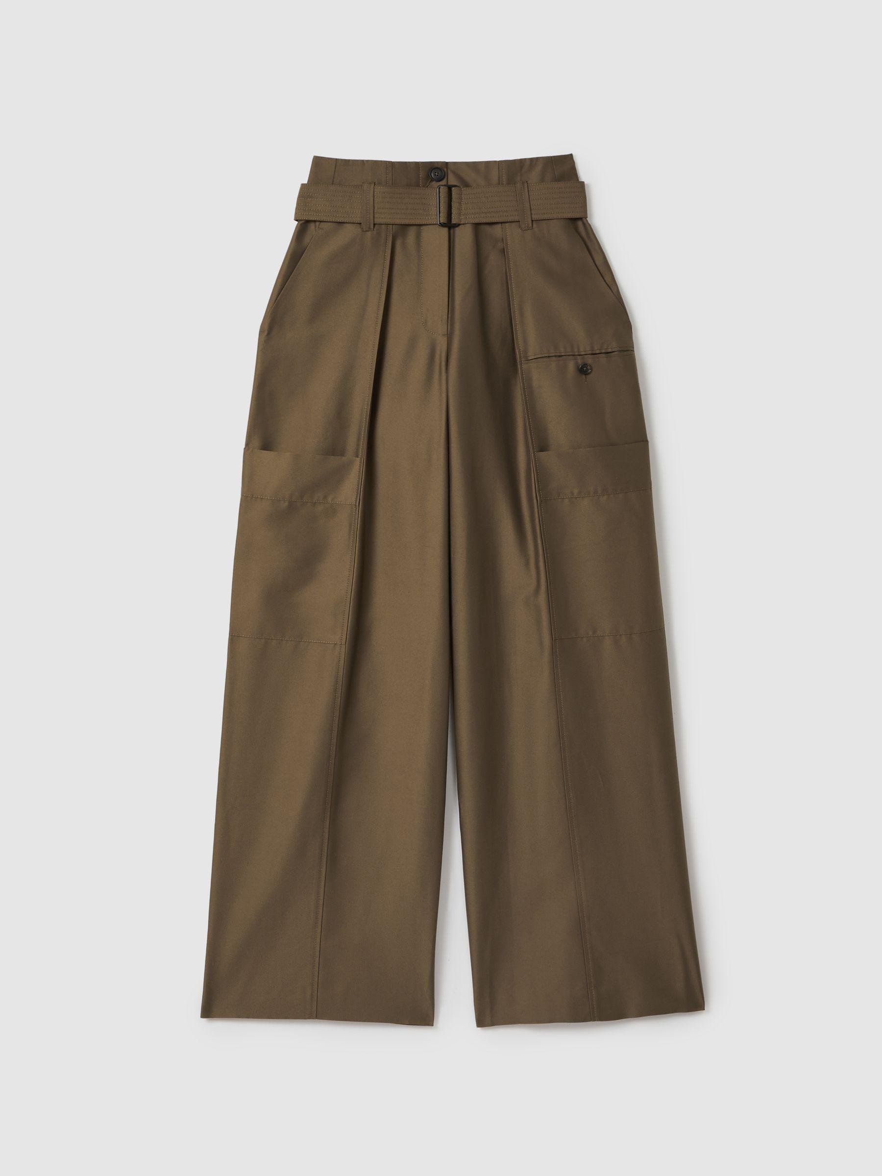 Wide Leg Paper Bag Trousers in Khaki Product Image