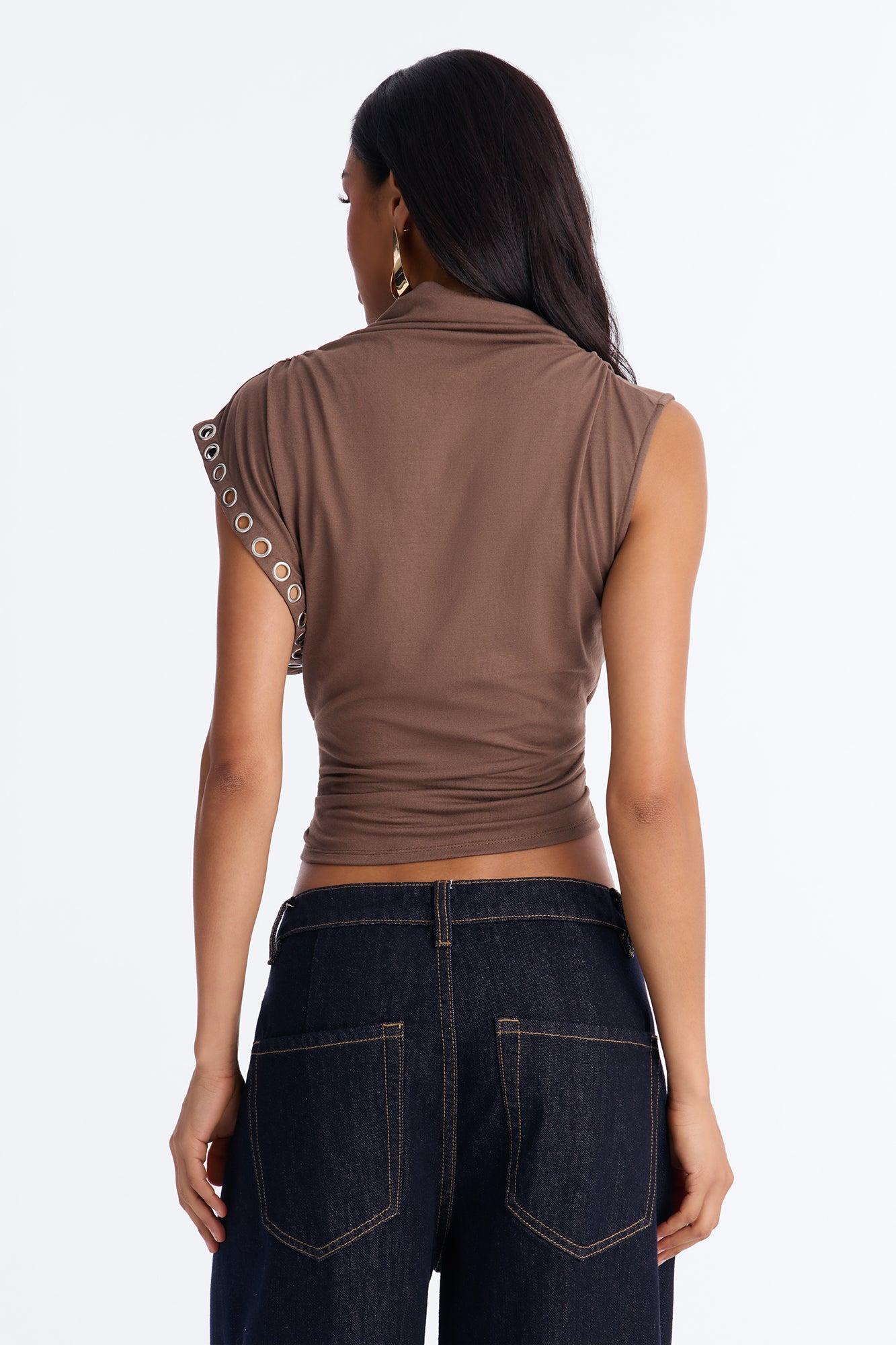 Sabrina Mock Neck Grommet Short Sleeve Top - Mocha Female Product Image