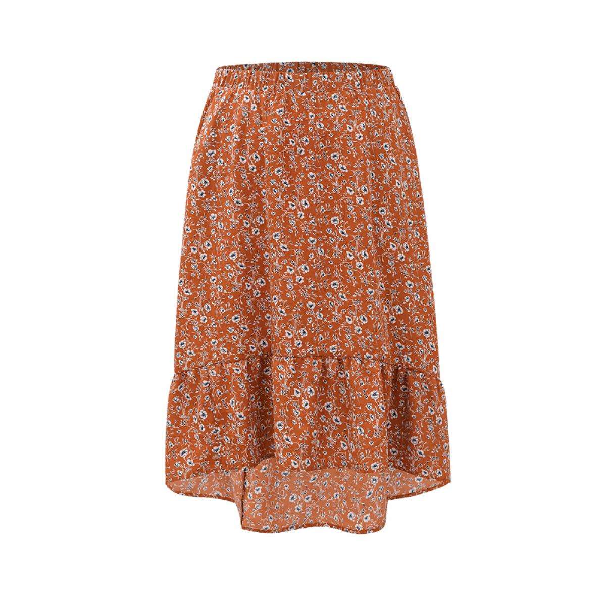 Plus Size Ditsy Floral Pocket Elastic Waist Skirt Women Rust Elegant Elastic Waist No stretch Pocket Everyday Skirts BloomChic 14-16/1X Product Image