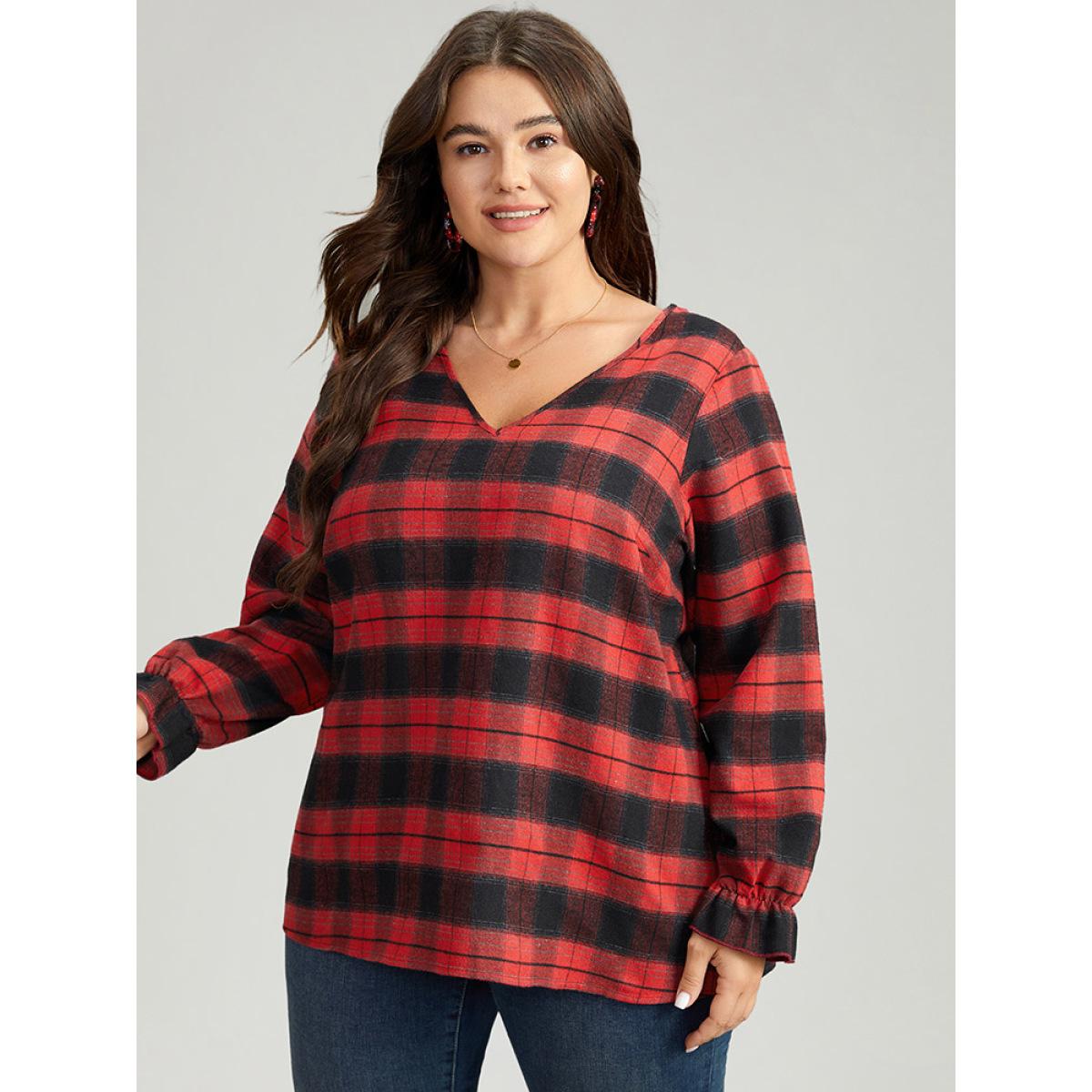 Plus Size Scarlet Plaid V Neck Lantern Sleeve Ruffles Blouse Women Elegant Long Sleeve V-neck Festival-Christmas Blouses BloomChic 14-16/1X Product Image