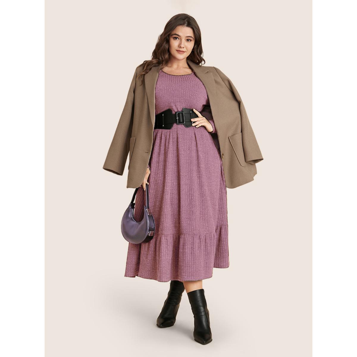 Plus Size Solid Pocket Rib Knit Ruffle Hem Dress Without Belt DustyPink Women Basics Non Round Neck Long Sleeve Curvy Midi Dress BloomChic 12/L Product Image