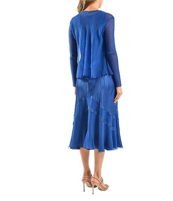 Komarov Two Piece Set V-Neck A-Line Charmeuse Midi Dress with Drape Front Mixed Media Cardigan Product Image