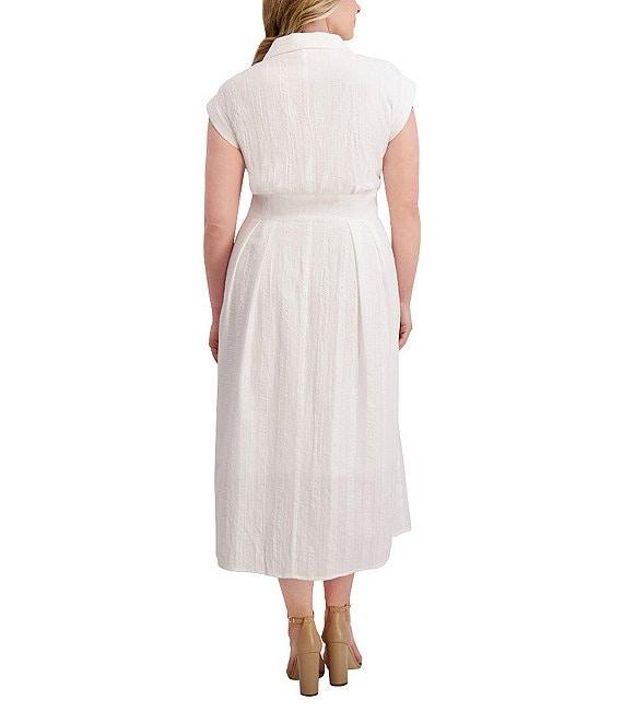 Kensie Plus Size Striped Woven Collared V-Neckline Short Sleeve A-Line Midi Dress Product Image