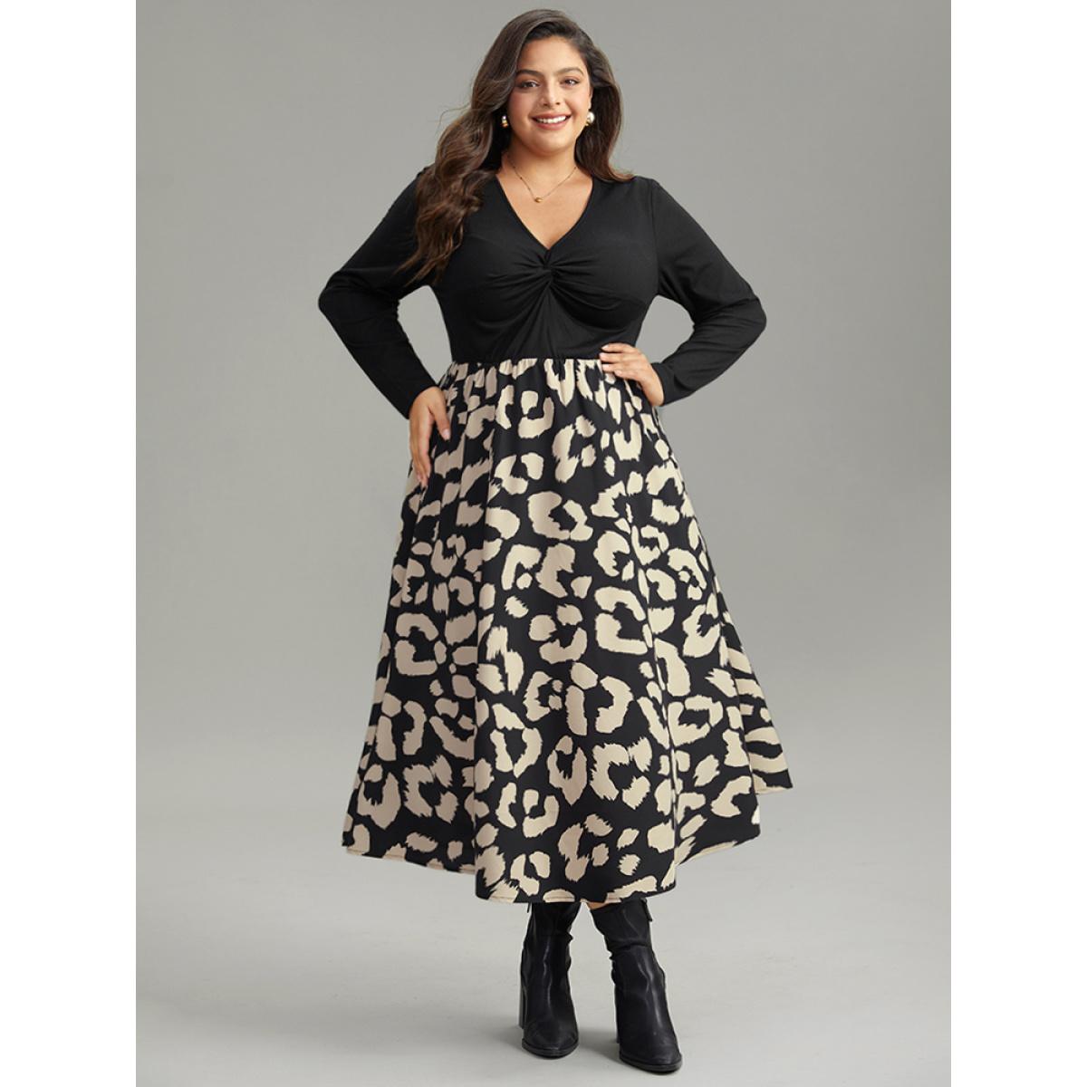 Plus Size Leopard Patchwork Pocket Twist Front Dress Black Women At the Office Printed V-neck Long Sleeve Curvy Midi Dress BloomChic 10/M Product Image
