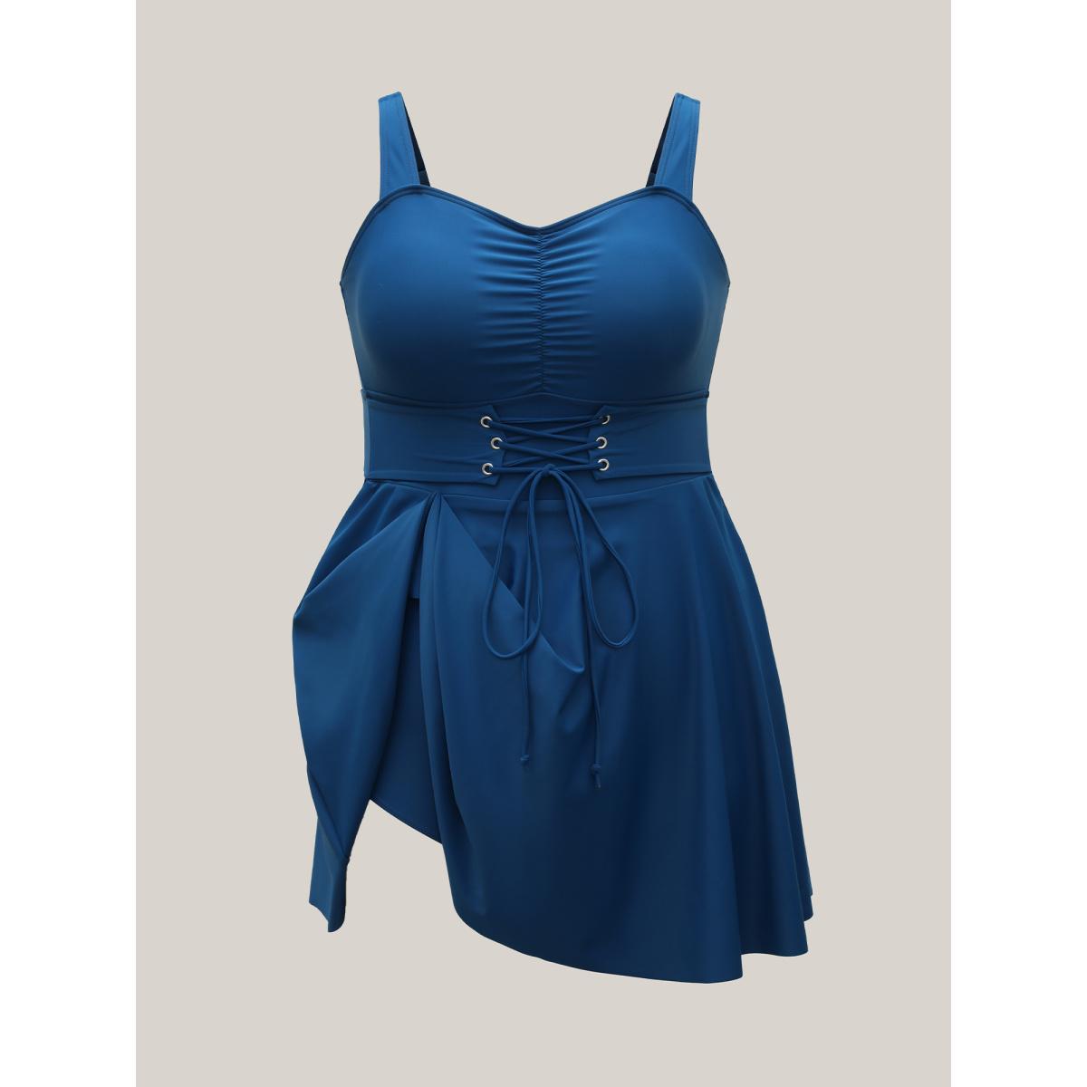 Plus Size Waist-Tie Ruched Flared Swim Dress Women's Swimwear Aegean Beach Bodycon Heart neckline High stretch Curve Swim Dresses BloomChic 28/5X Product Image