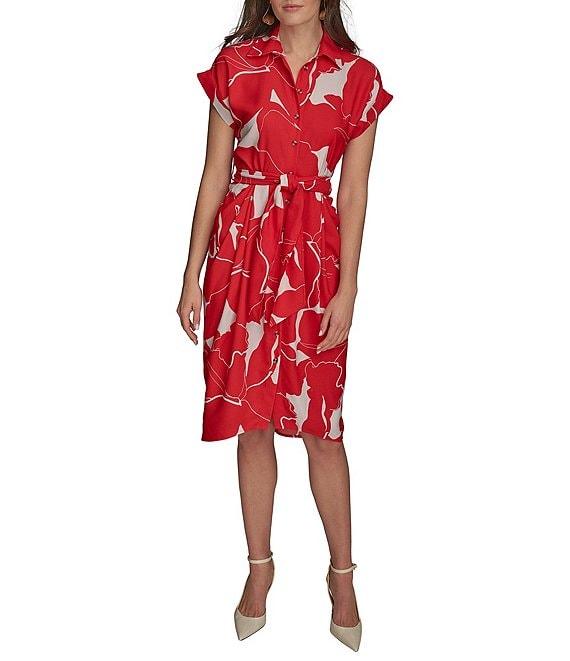 Donna Karan Floral Print Short Sleeve Crepe Shirt Dress Product Image