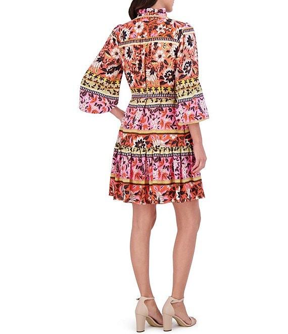 Vince Camuto Woven Floral Print V-Neck Tie Long Sleeve Belted Tiered A-Line Dress Product Image