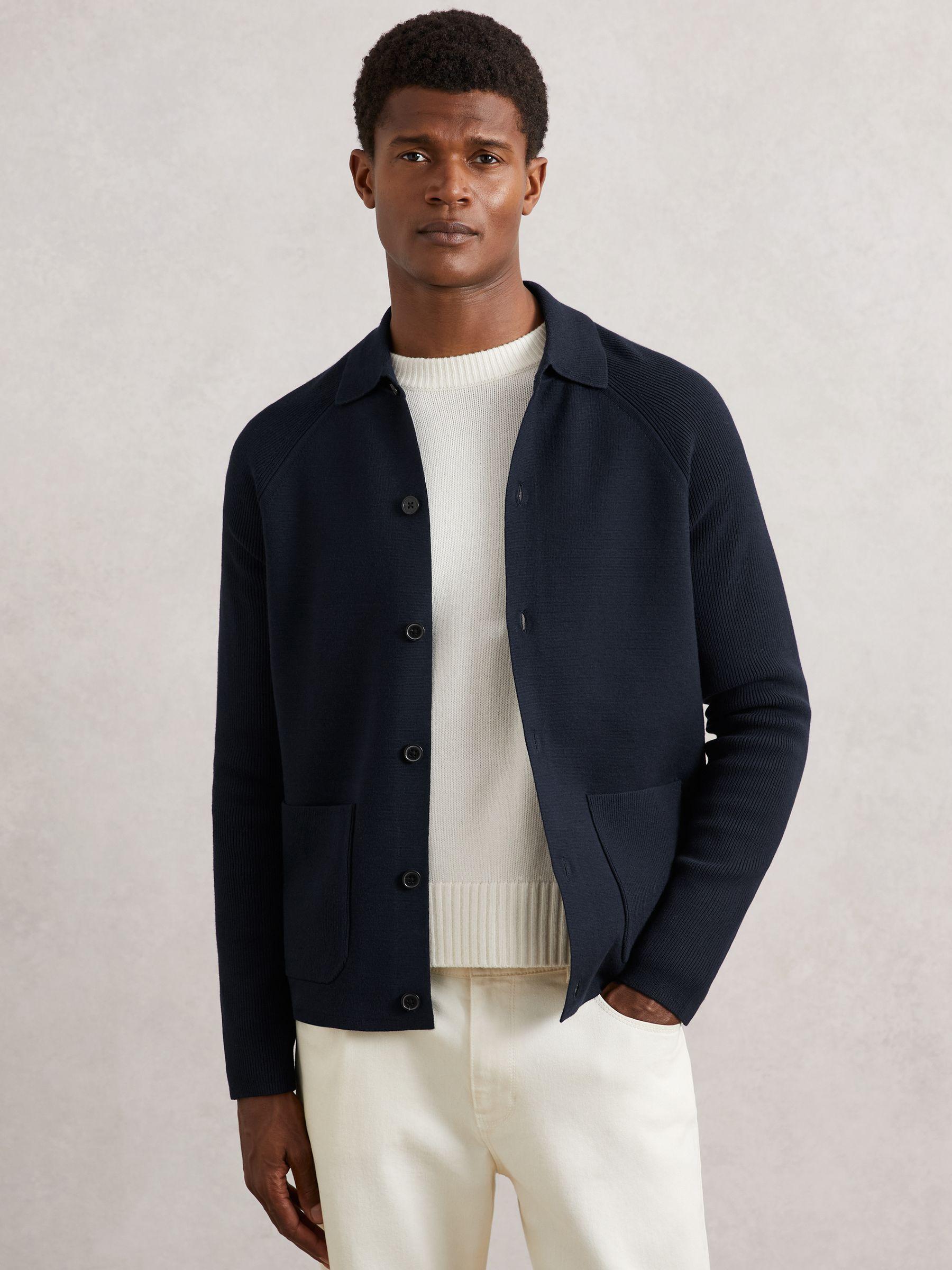 Button-Through Ribbed-Sleeve Shirt in Navy Blue Product Image