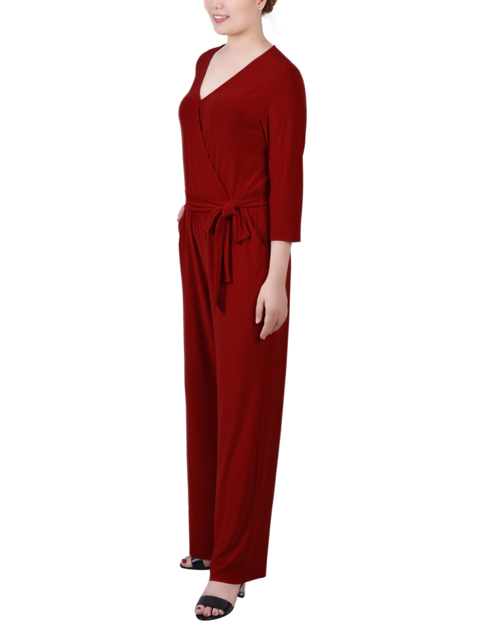 Wine 3/4 Sleeve Belted Jumpsuit Product Image