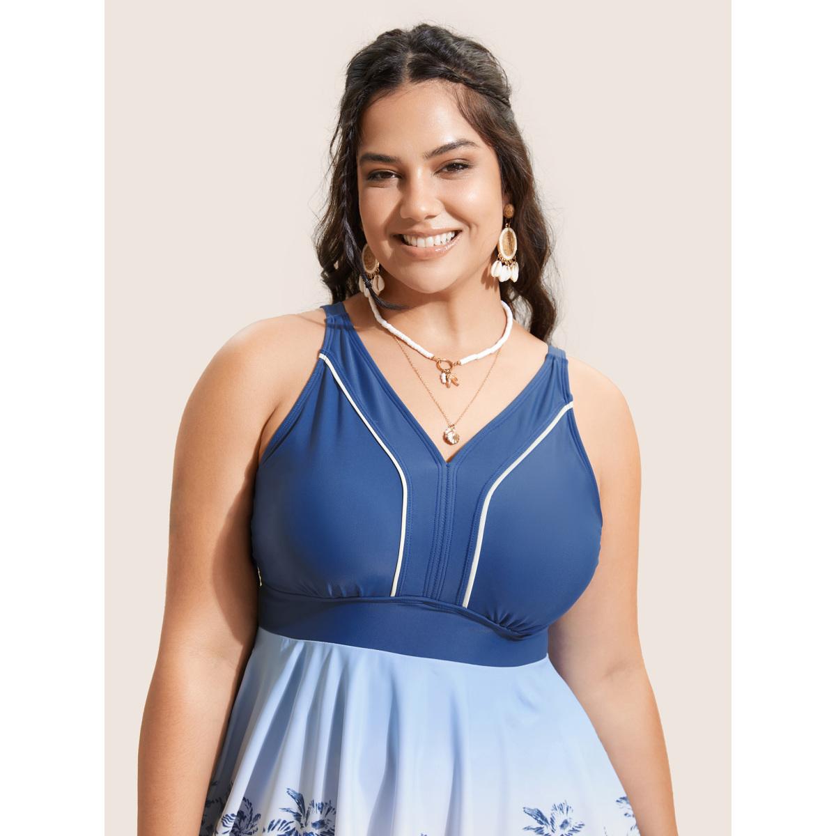 Plus Size V Neck Tropical Print Contrast Swim Dress Women's Swimwear Cerulean Beach Bodycon V-neck High stretch Curve Swim Dresses BloomChic 14-16/1X Product Image