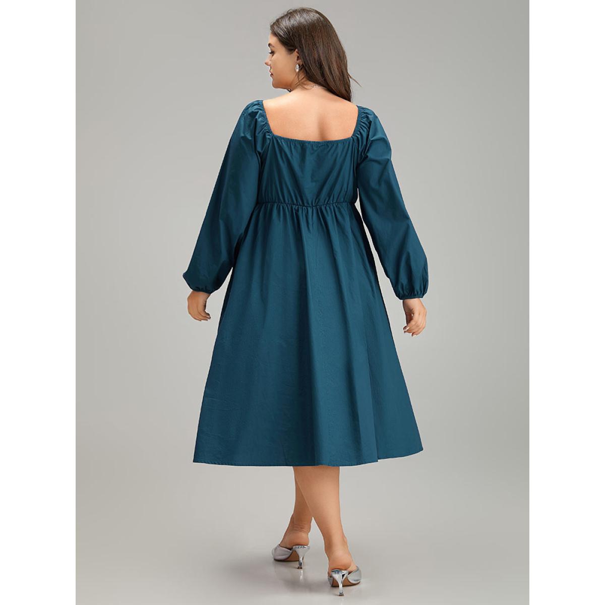 Plus Size Cotton Solid Bowknot Gathered Detail Dress Aegean Women Elegant Elastic cuffs Tie Neck Long Sleeve Curvy Midi Dress BloomChic 30/6X Product Image