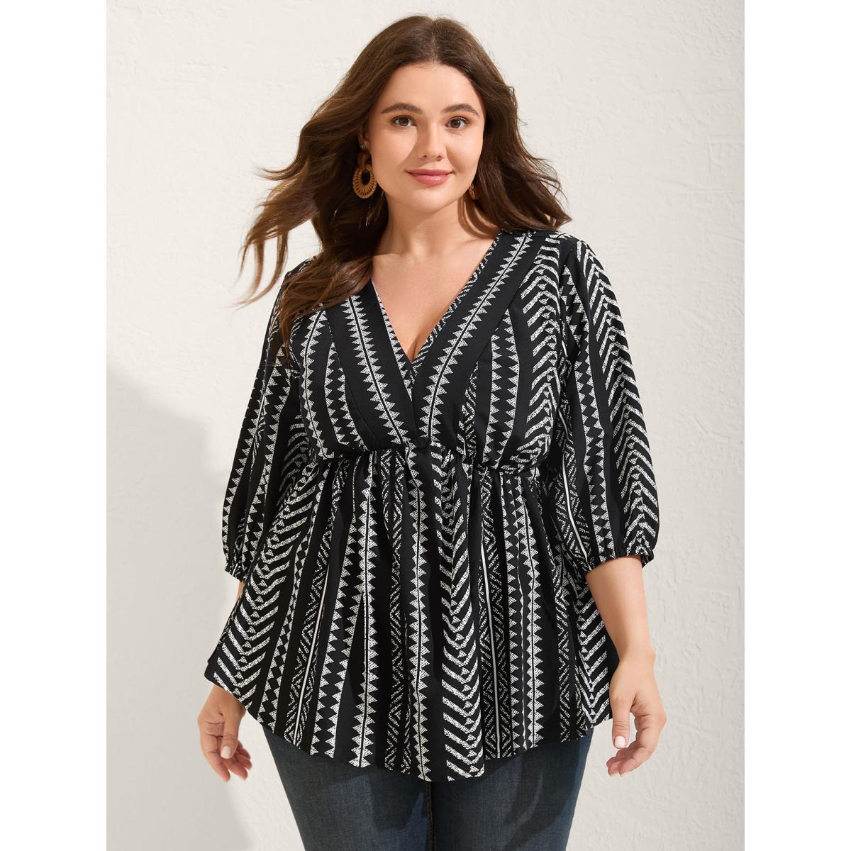 Plus Size Black Bandana Geometric Lantern Sleeve Gathered Blouse Women Boho Elbow-length sleeve V-neck Vacation Blouses BloomChic 30/6X Product Image