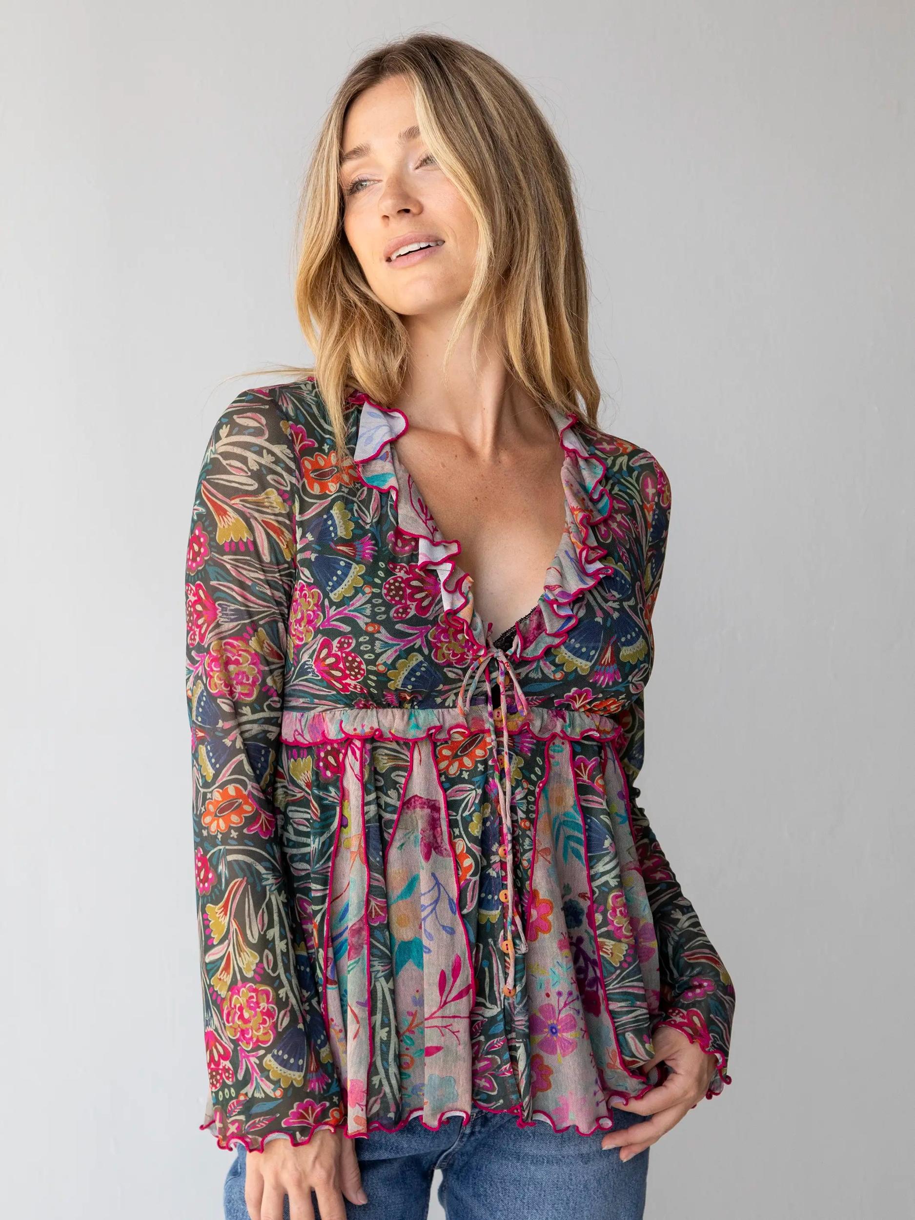 Sierra Ruffle Mesh Top - Green Painterly Vines Product Image