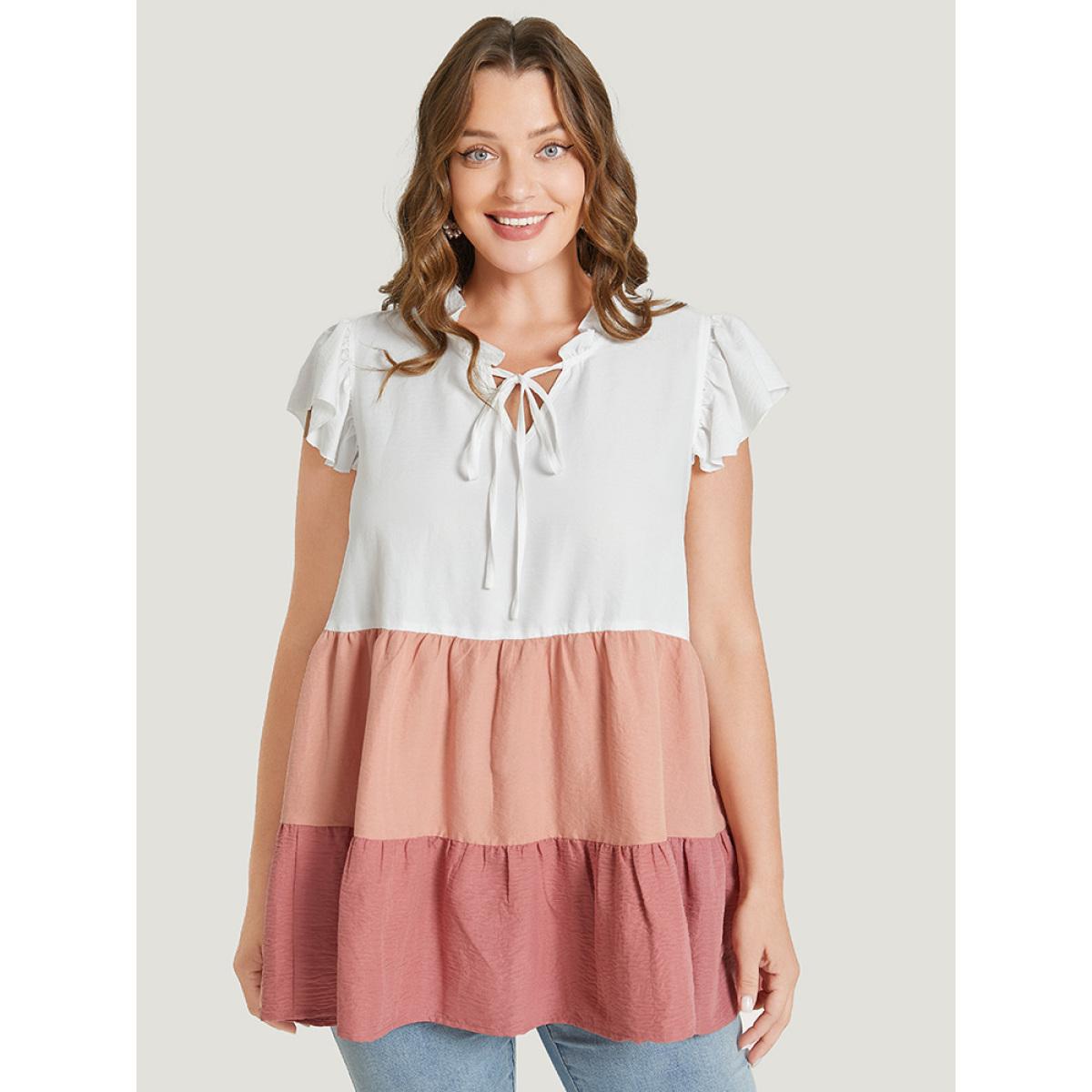 Plus Size Multicolor Colorblock Contrast Cap Sleeve Tie Neck Ruffle Tiered Blouse Women Elegant Cap Sleeve Tie Neck Dailywear Blouses BloomChic 30/6X Product Image