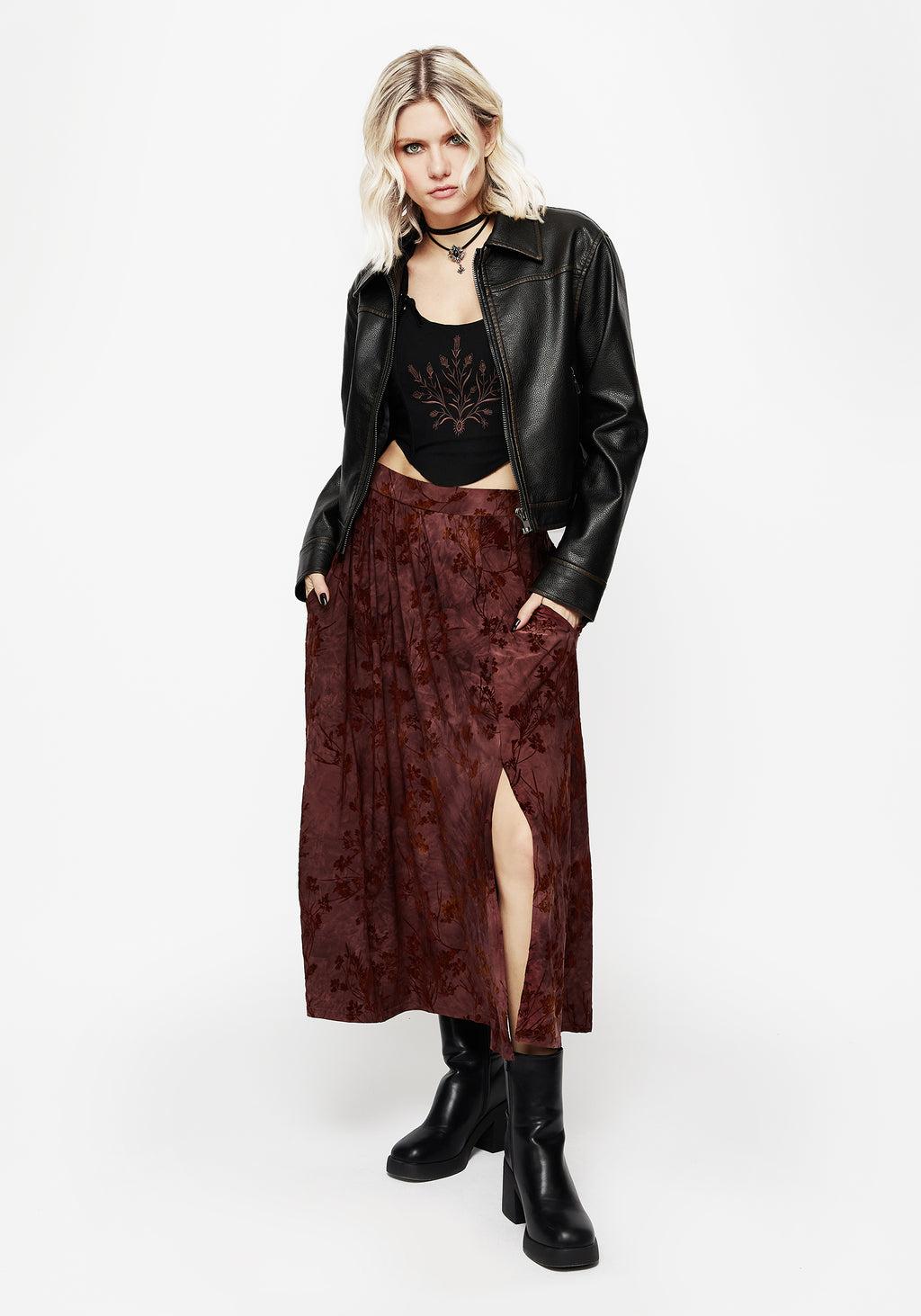 Wytchelm Floral Flocked Velour Midaxi Skirt - Red Product Image