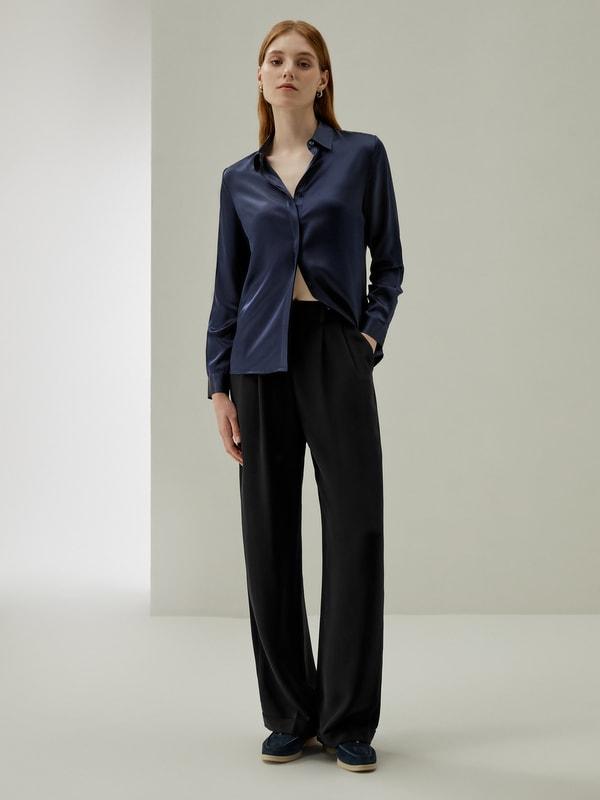 Timeless Pleated Wide-Leg Dense Silk Trousers Product Image