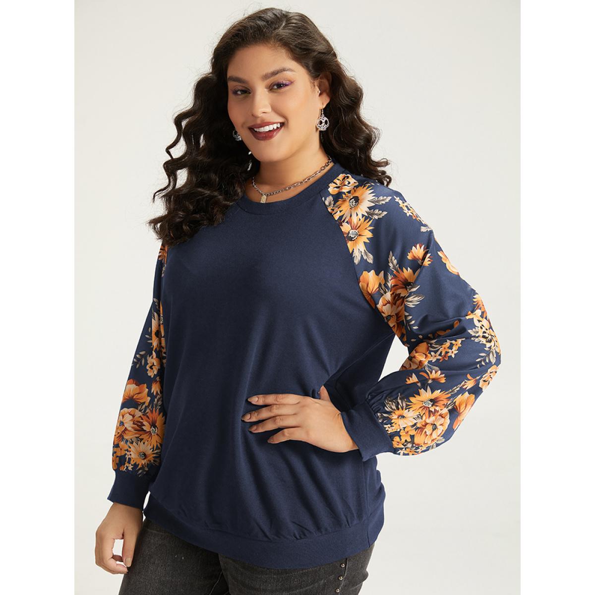 Plus Size Halloween Floral Patchwork Print Raglan Sleeve Sweatshirt Women Blue Leisure Elastic cuffs Round Neck Casual Sweatshirts BloomChic 14-16/1X Product Image