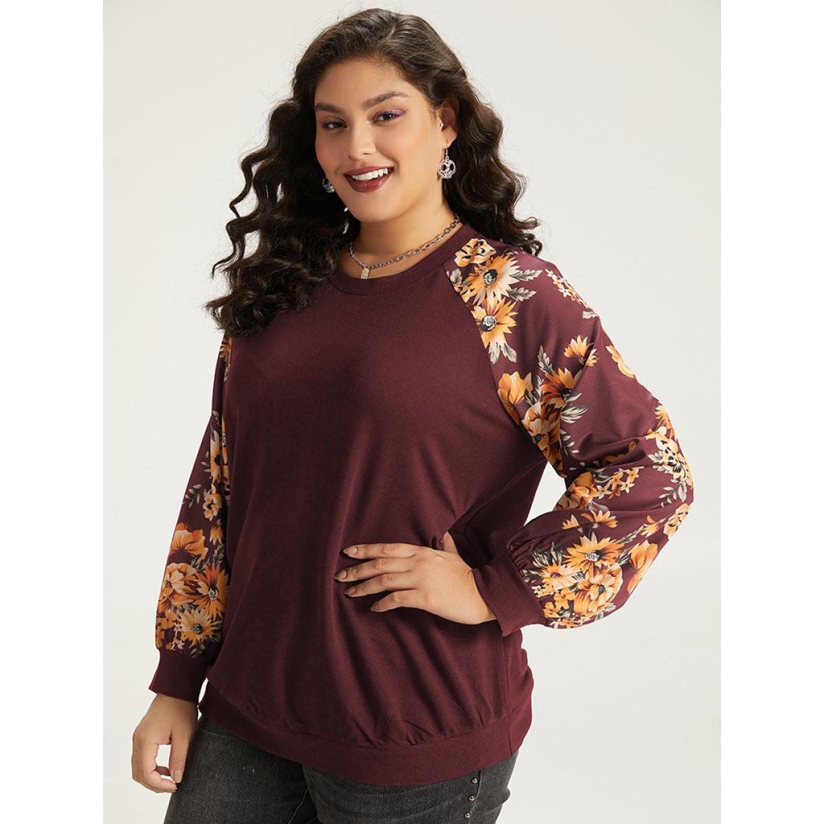 Plus Size Halloween Floral Patchwork Print Raglan Sleeve Sweatshirt Women Blue Leisure Elastic cuffs Round Neck Casual Sweatshirts BloomChic 14-16/1X Product Image