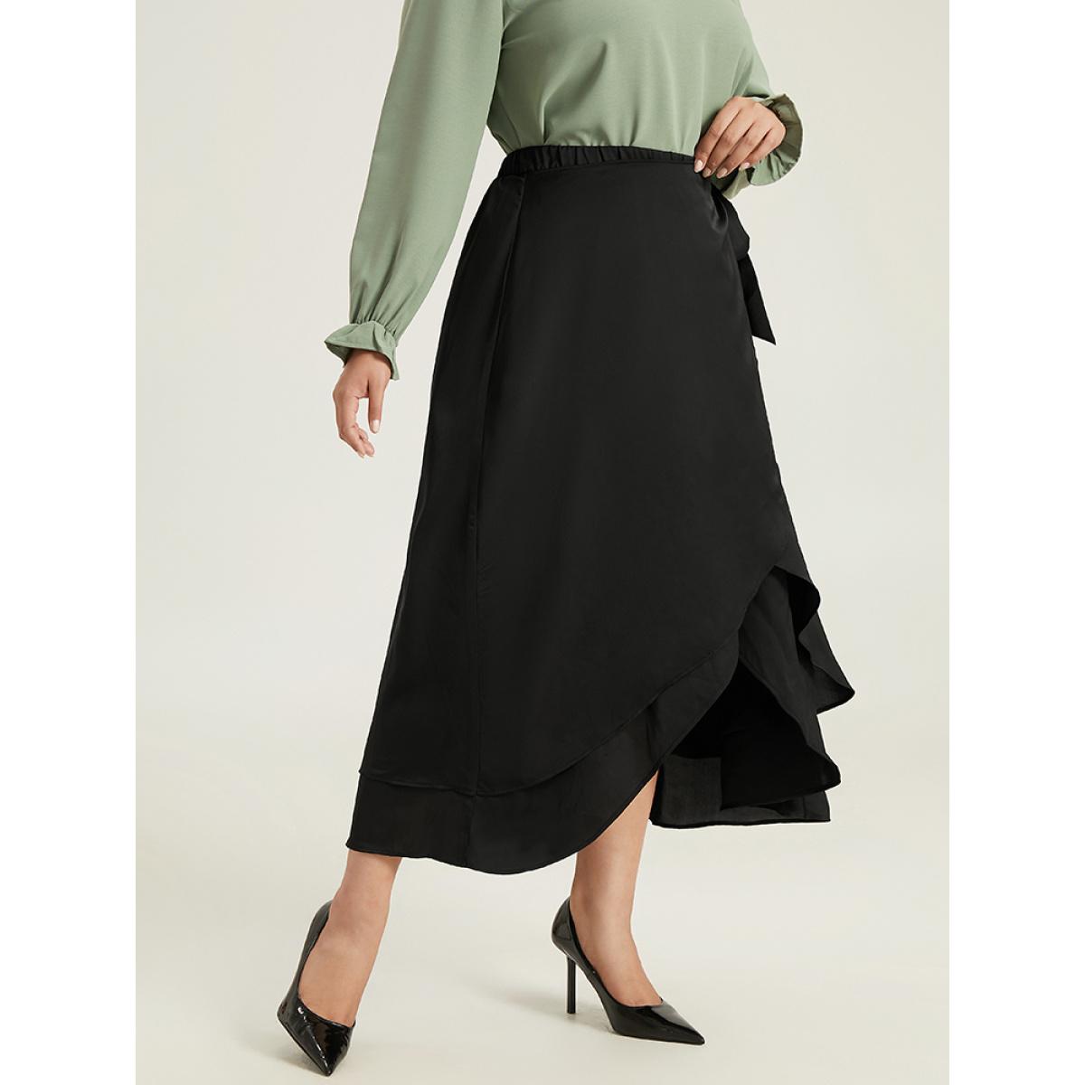 Plus Size Ruffles Ties Asymmetrical Hem Skirt Women Black Office Plain No stretch Work Skirts BloomChic 14-16/1X Product Image