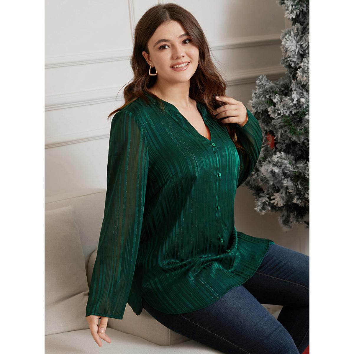 Plus Size Green Glitter Striped V Neck Button Detail Blouse Women Casual Long Sleeve V-neck Festival-Christmas Blouses BloomChic 18-20/2X Product Image