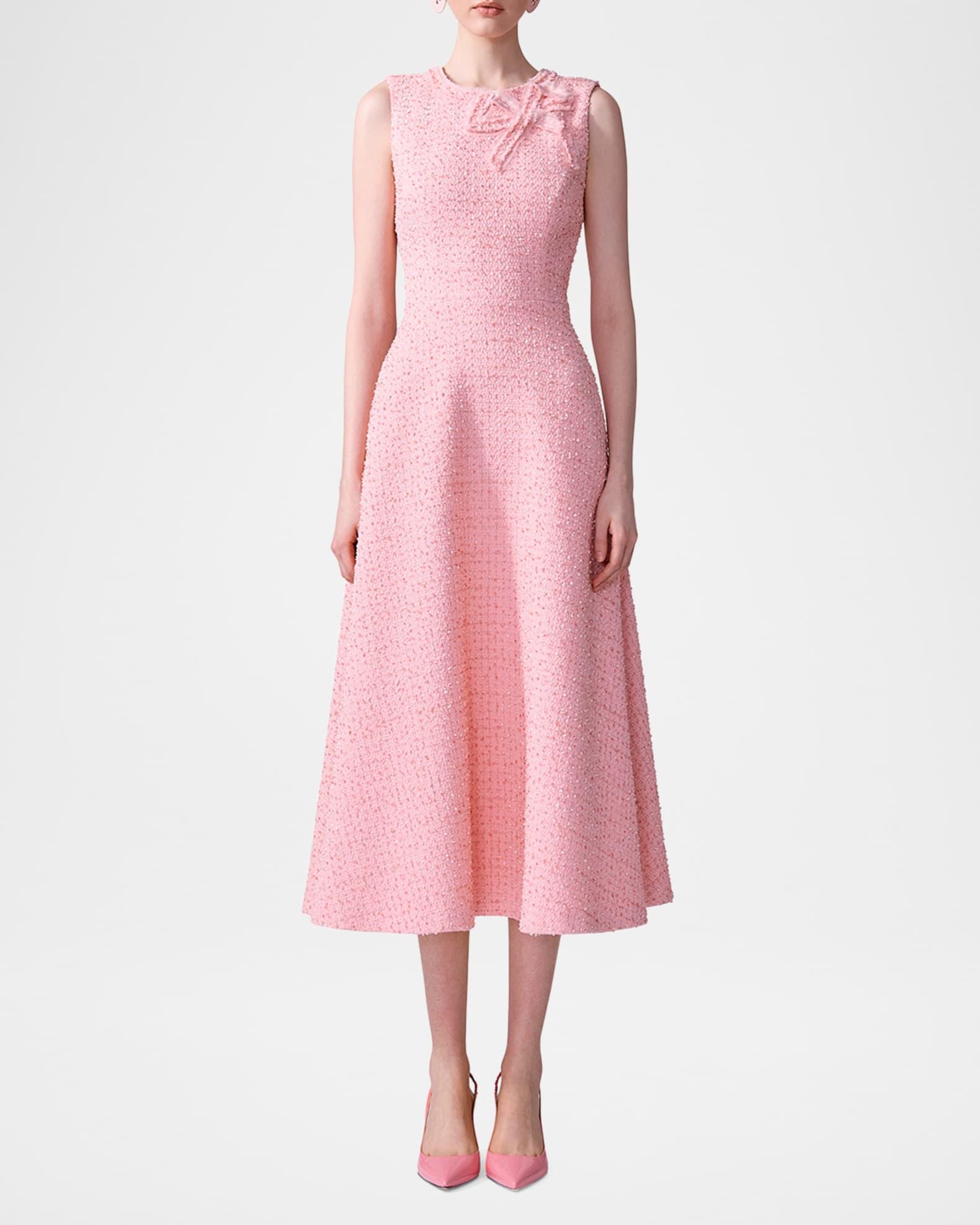 Bow Sleeveless Tweed A-Line Midi Dress Product Image