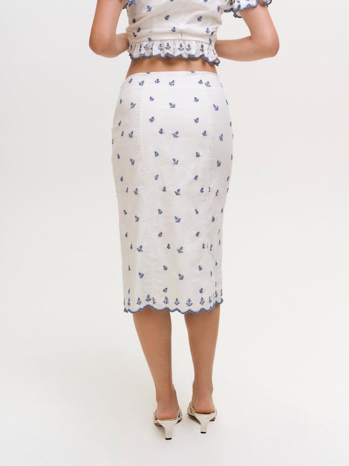 Beaded Anchors Midi Skirt — White Blue Product Image