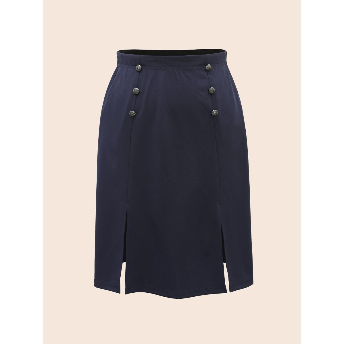 Plus Size Button Detail Split Hem Medium Stretch Skirt Women Indigo At the Office Button Medium stretch Side seam pocket Office Skirts BloomChic 10/M Product Image
