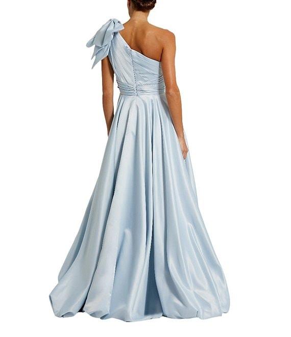 Mac Duggal Satin One Shoulder Neck Sleeveless Bow Detail High Slit Gown Product Image