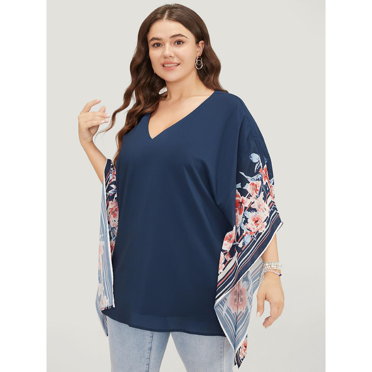 Plus Size Indigo Floral Print Asymmetrical Dolman Sleeve Blouse Women Elegant Short sleeve V-neck Dailywear Blouses BloomChic 28/5X Product Image