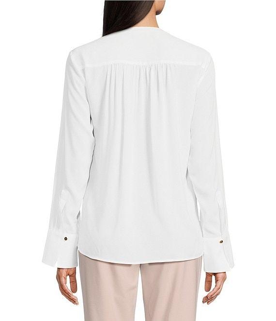 Calvin Klein Solid Crepe de Chine Split V-Neck Long Sleeve Blouse Product Image