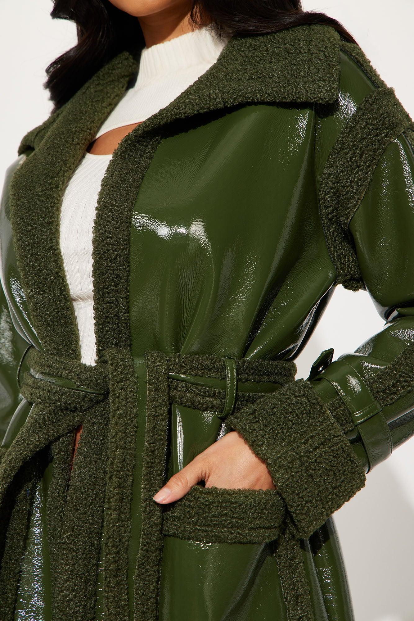 Bad Ideas Shearling Trench Coat - Olive Female Product Image