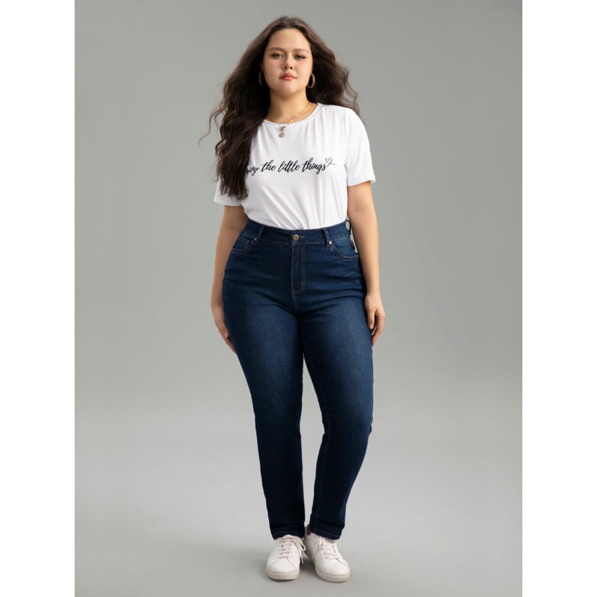 Plus Size Cutoff Roll Hem Full Length Jeans Women DarkBlue Casual Plain Plain High stretch Pocket Jeans BloomChic 22/3X Product Image