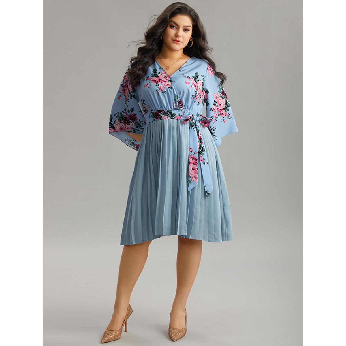 Plus Size Floral Print Bell Sleeve Belted Pleated Hem Dress LightBlue Women Elegant Wrap Overlap Collar Elbow-length sleeve Curvy Knee Dress BloomChic 18-20/2X Product Image