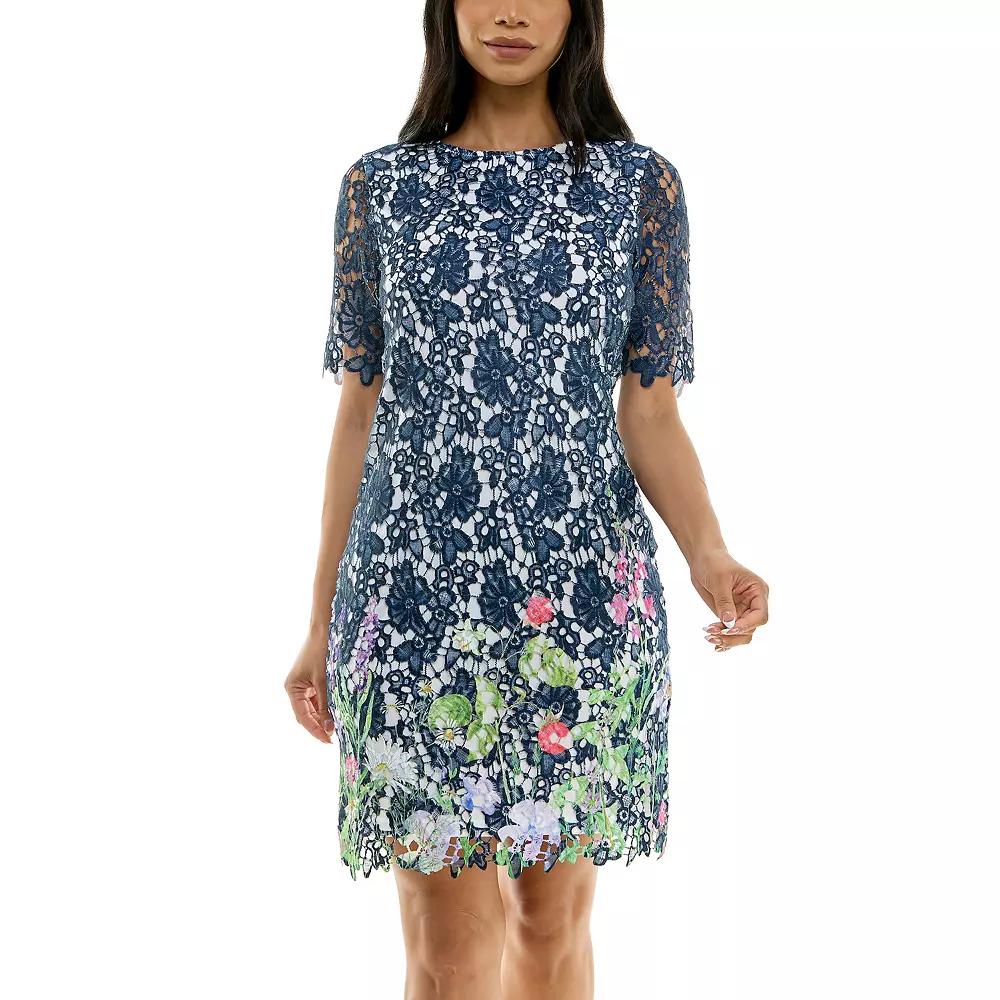 Womens Nina Leonard Floral Print Lace Trimmed Short Sleeve Mini Dress Blue Team Product Image