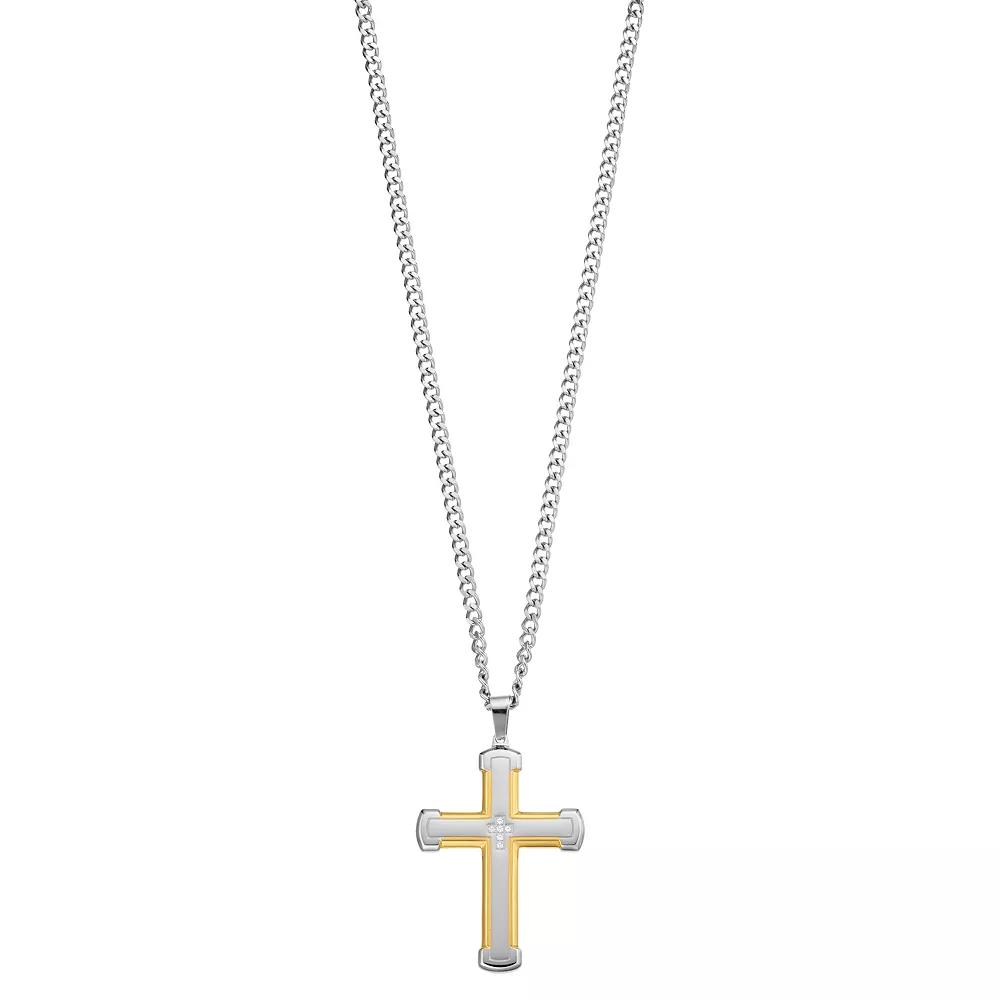 Diamond Brilliance Men's Gold Tone Stainless Steel 1/10 Carat T.W. Lab-Created Diamond Cross Pendant Necklace, Size: 24", White Product Image