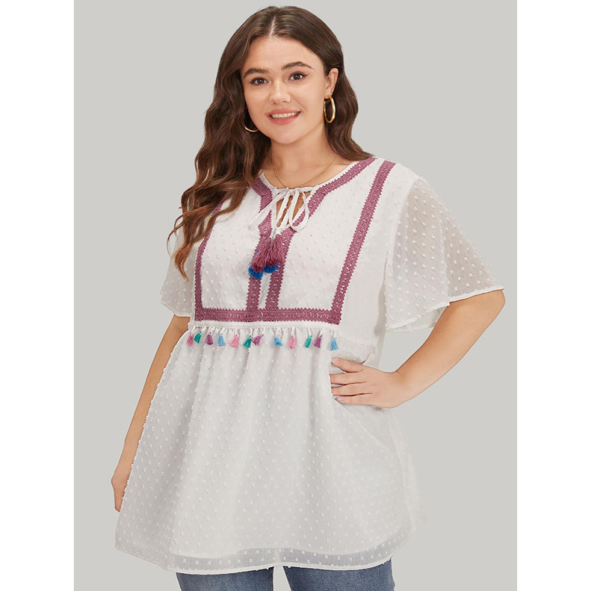 Plus Size White Polka Dot Tassels Ties Mesh Patchwork Contrast Blouse Women Vacation Short sleeve V-neck Dailywear Blouses BloomChic 10/M Product Image