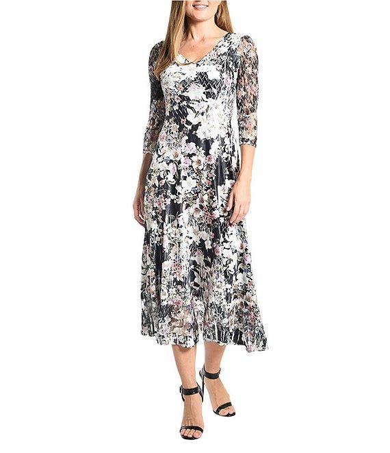 Komarov Floral Charmeuse V-Neckline Lace 3/4 Sleeve Midi Dress Product Image