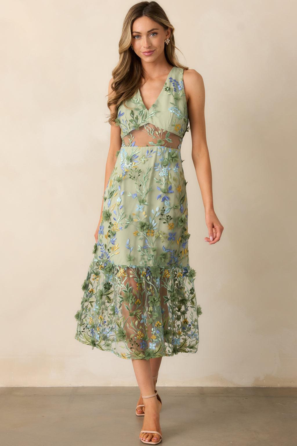 Back In Bloom Green Floral Embroidered Midi Dress Product Image