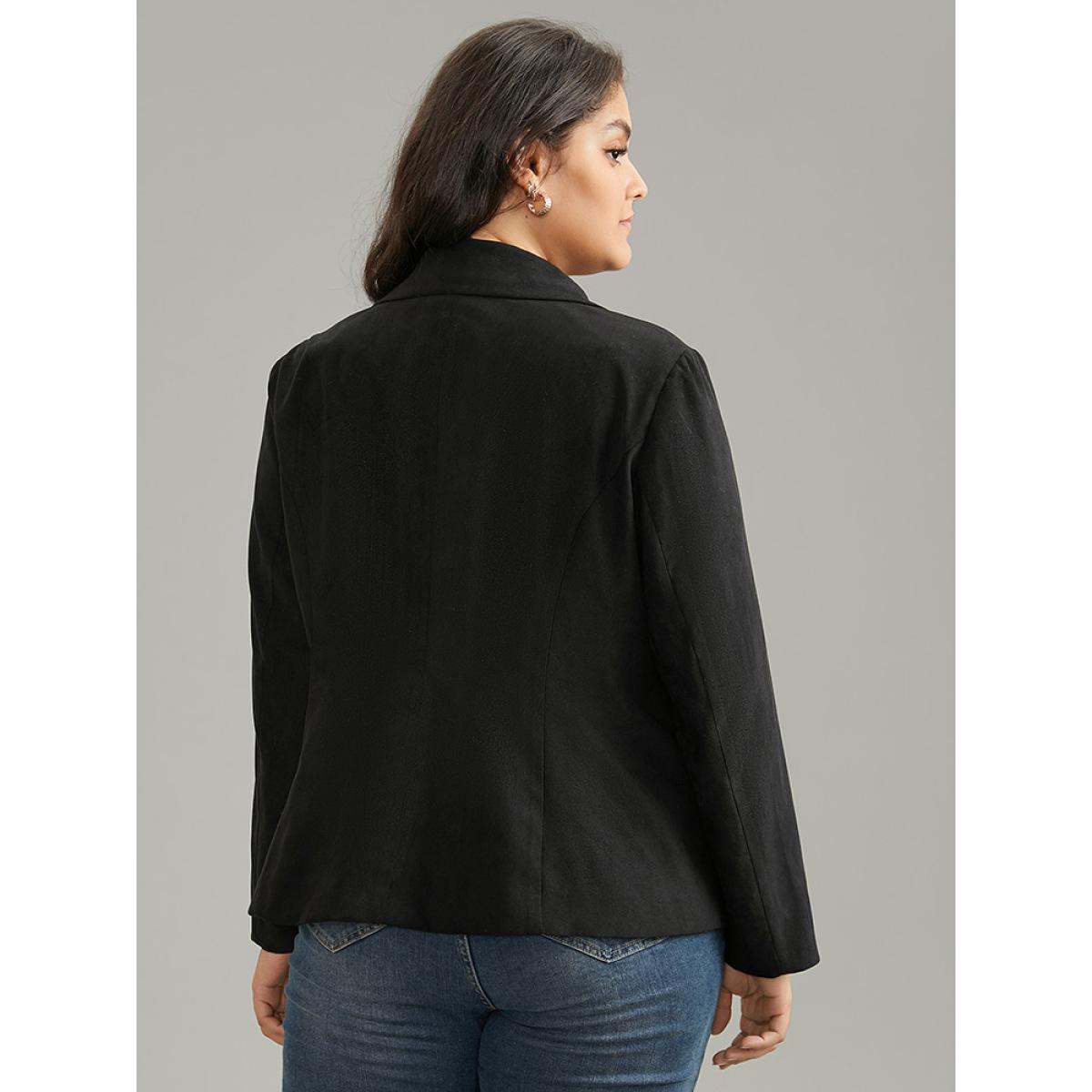 Plus Size Solid Corduroy Zipper Lapel Collar Blazer Black Women Office Plain Lined Sleeve Long Sleeve Lapel Collar 26/4X Pocket At the Office Blazers BloomChic Product Image