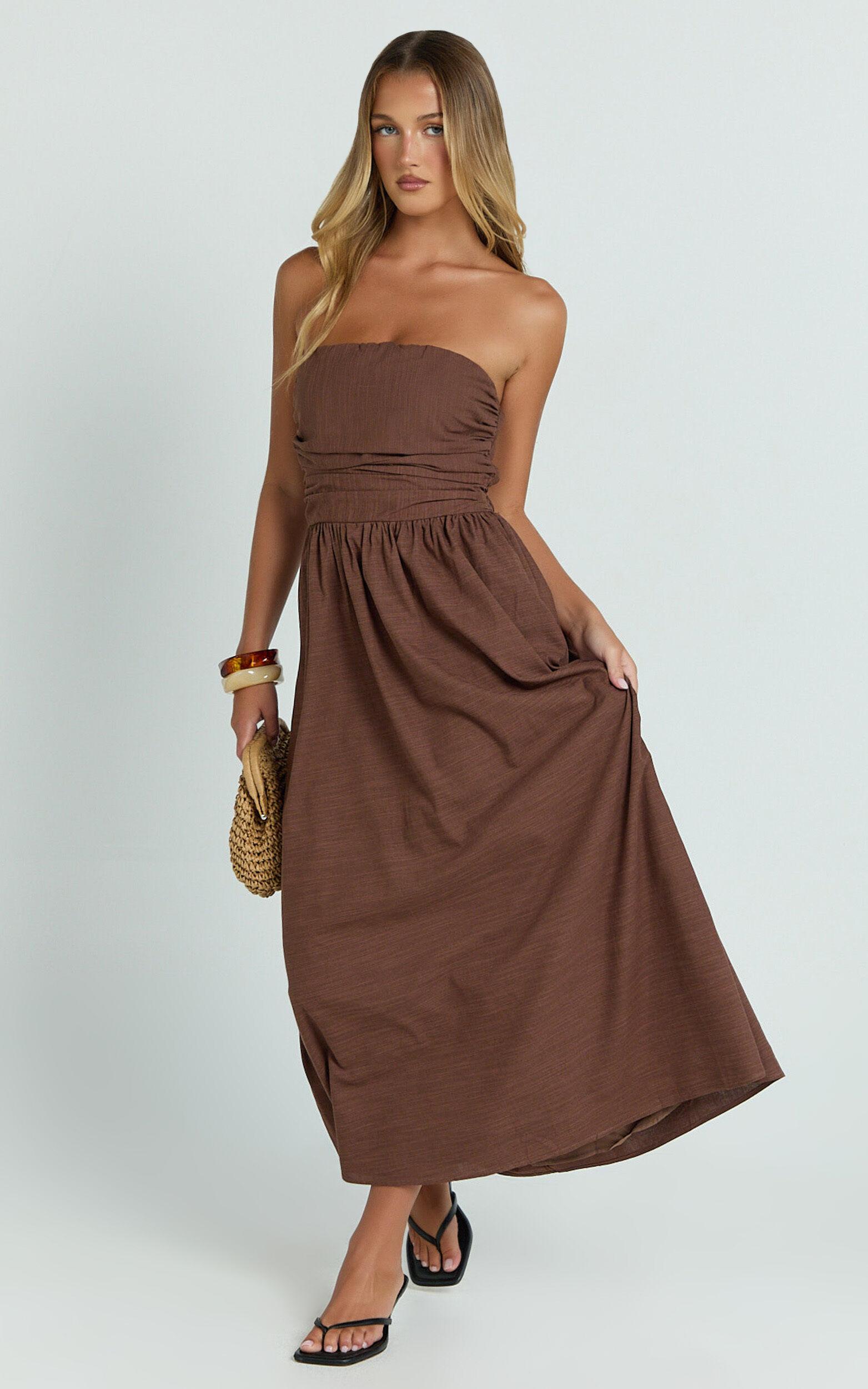 Polly Midi Dress - Strapless Ruched Dress in Chocolate Product Image