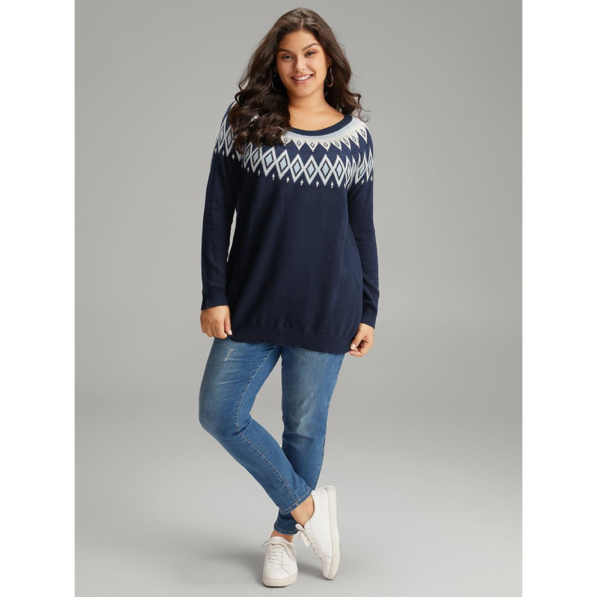 Plus Size Supersoft Essentials Geo Contrast Raglan Sleeve Pullover Indigo Women Casual Loose Long Sleeve Round Neck Dailywear Pullovers BloomChic 10/M Product Image