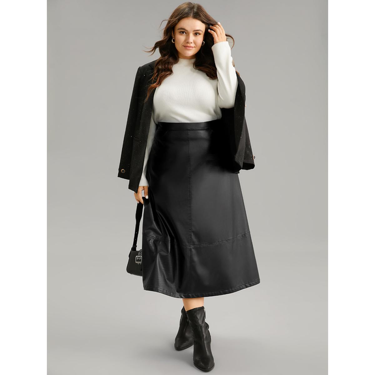 Plus Size PU Leather Pocket Elastic Waist Cropped Skirt Women Black Office Plain No stretch Pocket Office Skirts BloomChic 28/5X Product Image