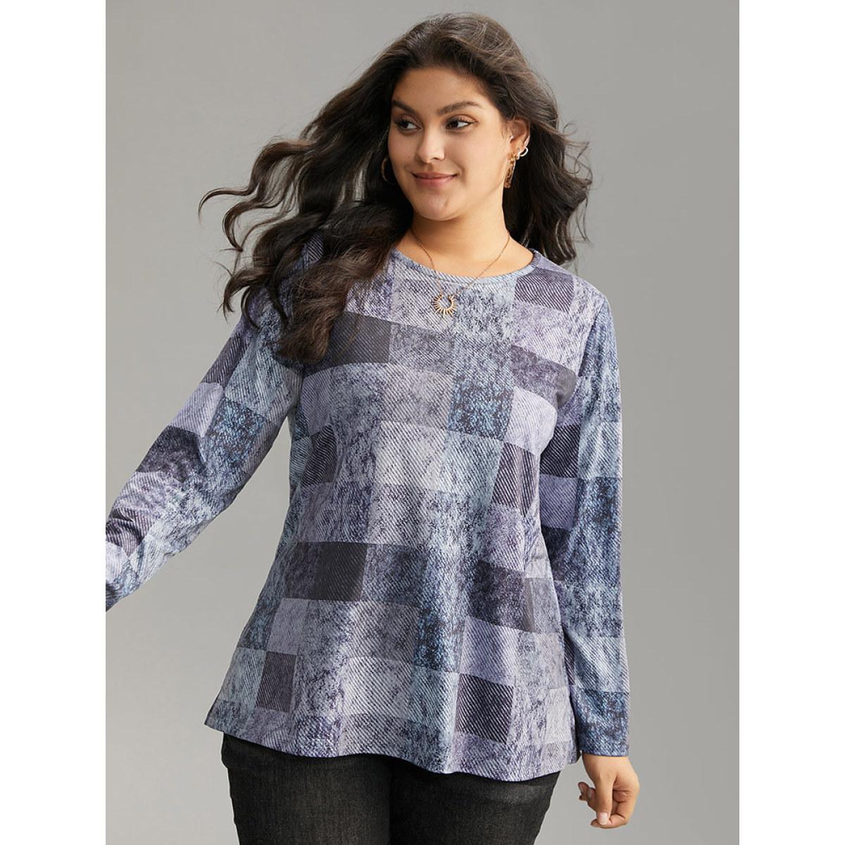 Plus Size Colorblock Contrast Plaid Round Neck T-shirt Aegean Women Casual Contrast Plaid Round Neck Dailywear T-shirts BloomChic 22-24/3X Product Image