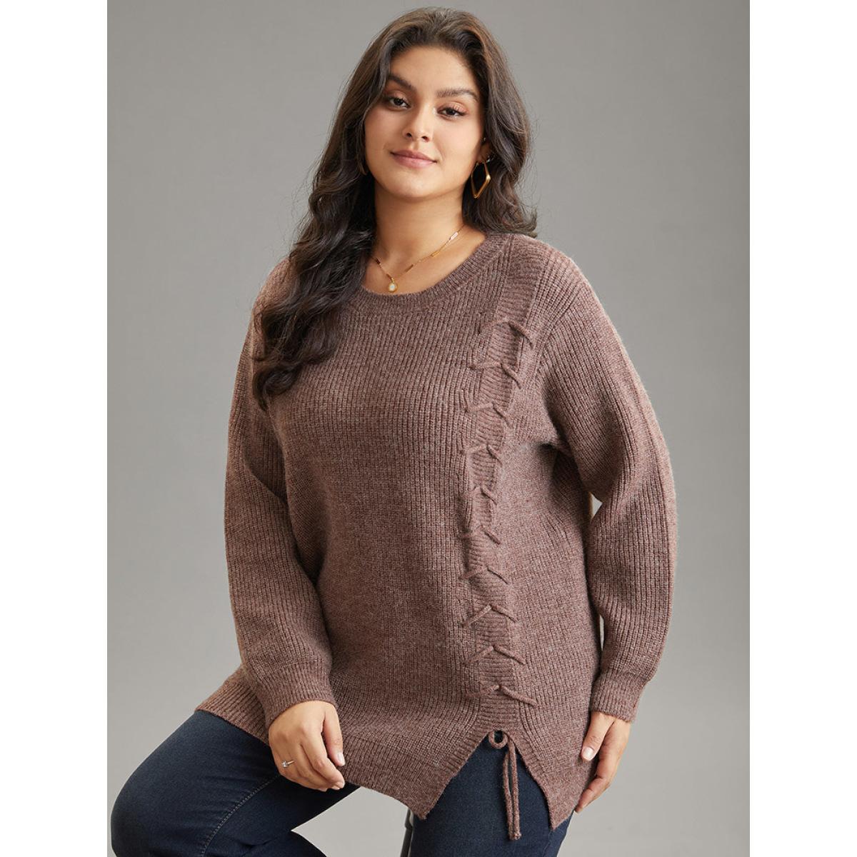 Plus Size Supersoft Essentials Heather Drawstring Ties Pullover DarkBrown Women Casual Loose Long Sleeve Round Neck Dailywear Pullovers BloomChic 10/M Product Image