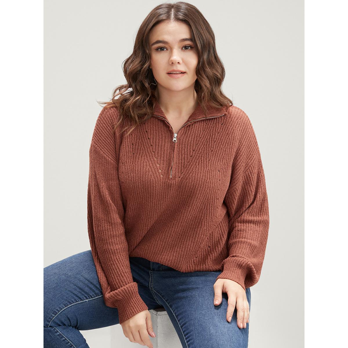 Plus Size Solid Super Soft Knit Zipper Mock Neck Eyelet Knit Top Bronze Women Casual Loose Long Sleeve Mock Neck Dailywear Pullovers BloomChic 14-16/1X Product Image