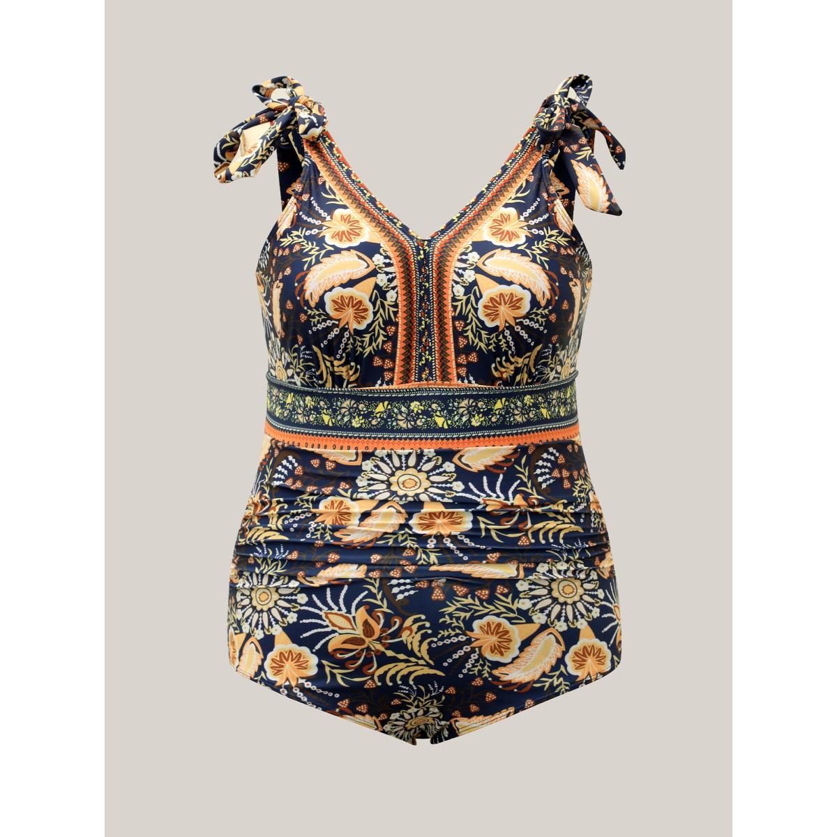 Plus Size Boho Print Adjustable Tie One-Piece Swimsuit Women's Swimwear Indigo Resort Gathered Curve Bathing Suits High stretch One Pieces BloomChic 26/4X Product Image