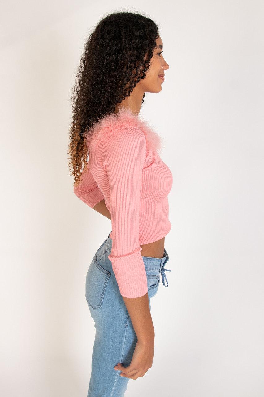 Off The Shoulder Feather Trim Sweater Product Image